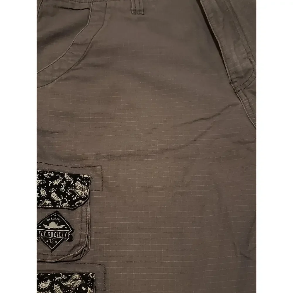Fly Society Gray w. Black & White Floral Trim Multi Pocket Cargo Shorts Size 34